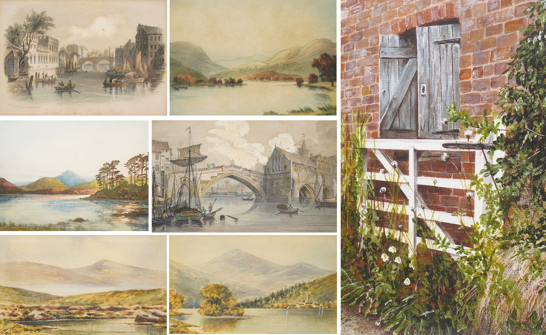 Edward Francis Wells (British 1876-1952): 'Evening Flow - Derwentwater' and 'Ullswater', two etchings with aquatint signed and titled in pencil, stamped with Rembrandt Guild Artists Proof blindstamp; D le Roux (20th century): Mountain Valleys, pair of watercolours signed, together with three other pictures including York-themed etchings max 22cm x 30cm (7)