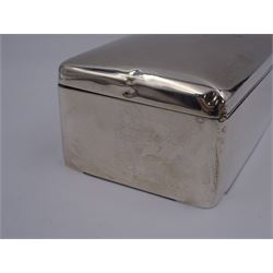 Edwardian silver mounted cigarette box, of plain rectangular form, the hinged cover with personal engraving, opening to reveal a soft wood lined compartmented interior, hallmarked Stokes & Ireland Ltd, London 1909, H6.5cm W18cm D9cm