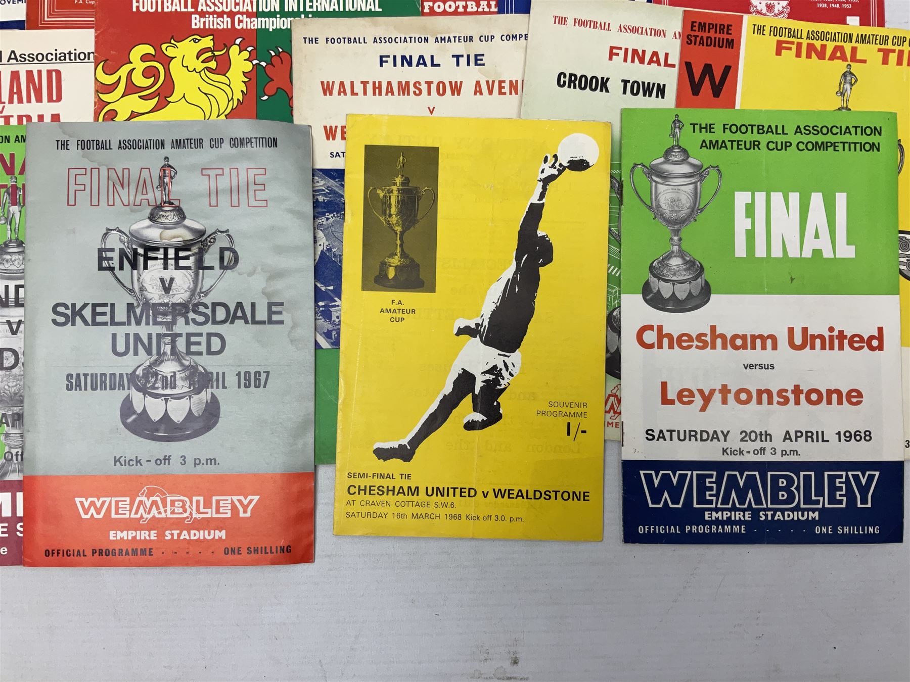 Football programmes - thirteen various England and England Youth matches 1953-77; European Cup Winners Cup Final May 19th 1965 TSV Munchen 1860 v West Ham; European Champions Club Cup Final May 29th 1968 Benfica (1) v Manchester United (4), the famous Bobby Charlton final; seven Wealdstone F.C. 1950-66 including London Senior Charity Cup Final May 10th 1952; Harrow Town Football Challenge Cup April 14th 1948; and eight F.A. Amateur Cup Finals and Semi-Finals plus three song sheets 1956-68 (34)