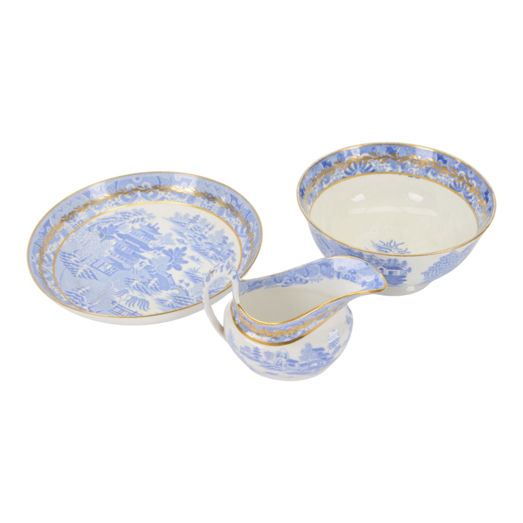 Spode tea service in Temple pattern, comprising twelve cups and saucers, open sucrier, milk jug, two side plates, together with Spode Italian pattern, six cups and saucers