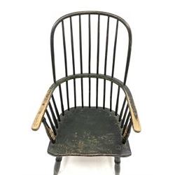 18th century elm and ash primitive vernacular Windsor armchair, double hoop and spindle back, turned front arm supports, turned supports joined by swell-turned H stretcher, extensive green paint finish, the raised hoop back is rounded, W57cm, H101cm, seat height - 34cm