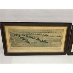 After Charles Dixon, large monochrome newspaper quality print entitled 'Germany's Long Line of lost Leviathans Surrendering to the British Fleet, which they hoped to conquer' 33 x 81cm, oak frame; and another colour print entitled 'The British Fleet being inspected by H.M. King George V at Spithead July 1914' 39 x 49cm, mahogany frame (2)