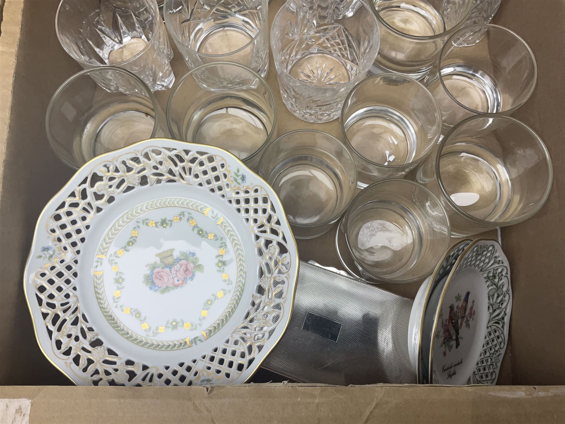 Pair of ginger jars, together with oriental figure, Kaiser plates, glassware etc, in two boxes 