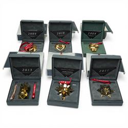 Set of six Georg Jensen annual mobile Christmas decorations, gold plated, comprising 2008 ...