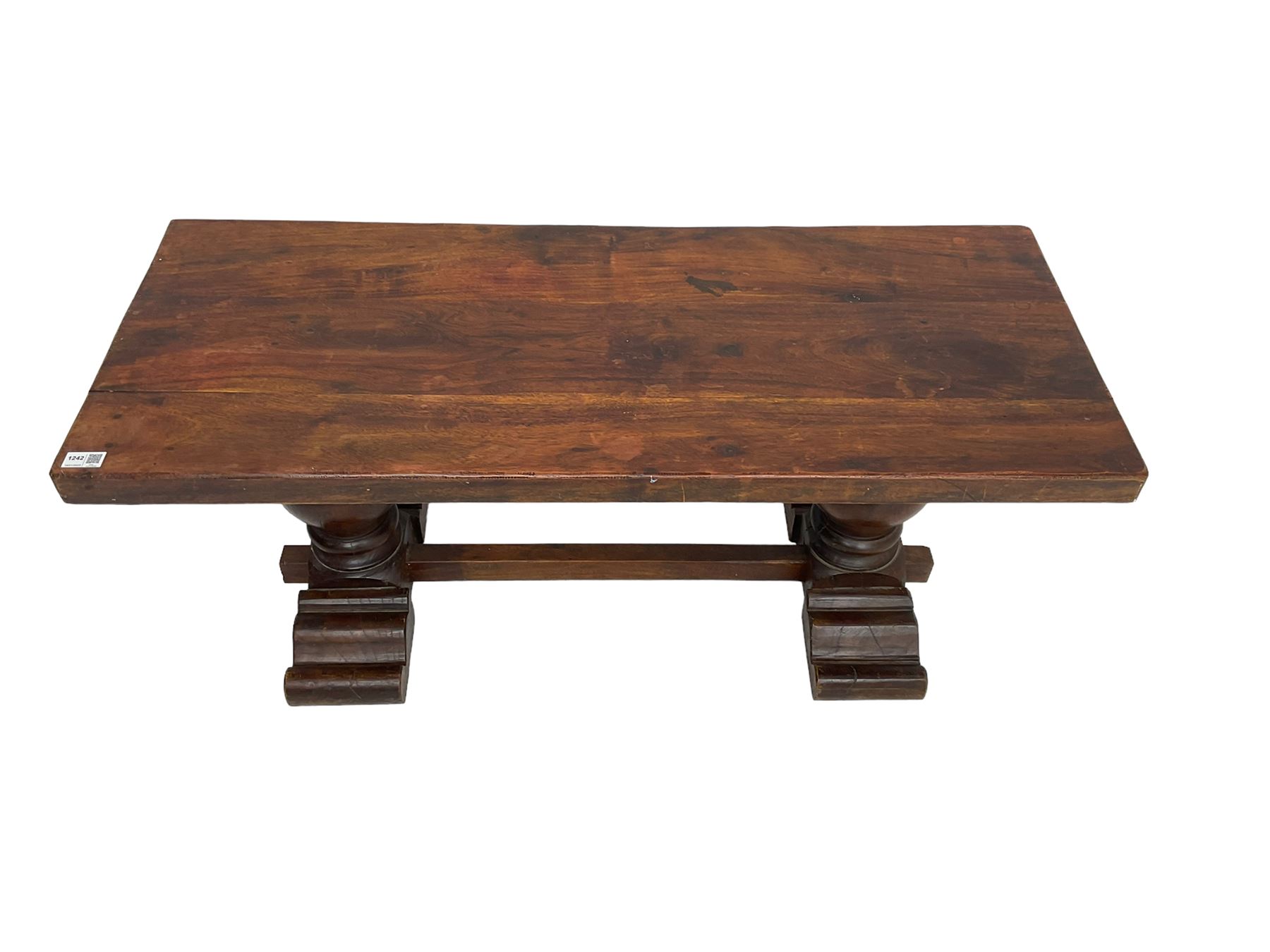 Hardwood rectangular coffee table, twin pedestal base