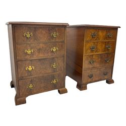 Pair of figured walnut four drawer chests, rounded bracket feet