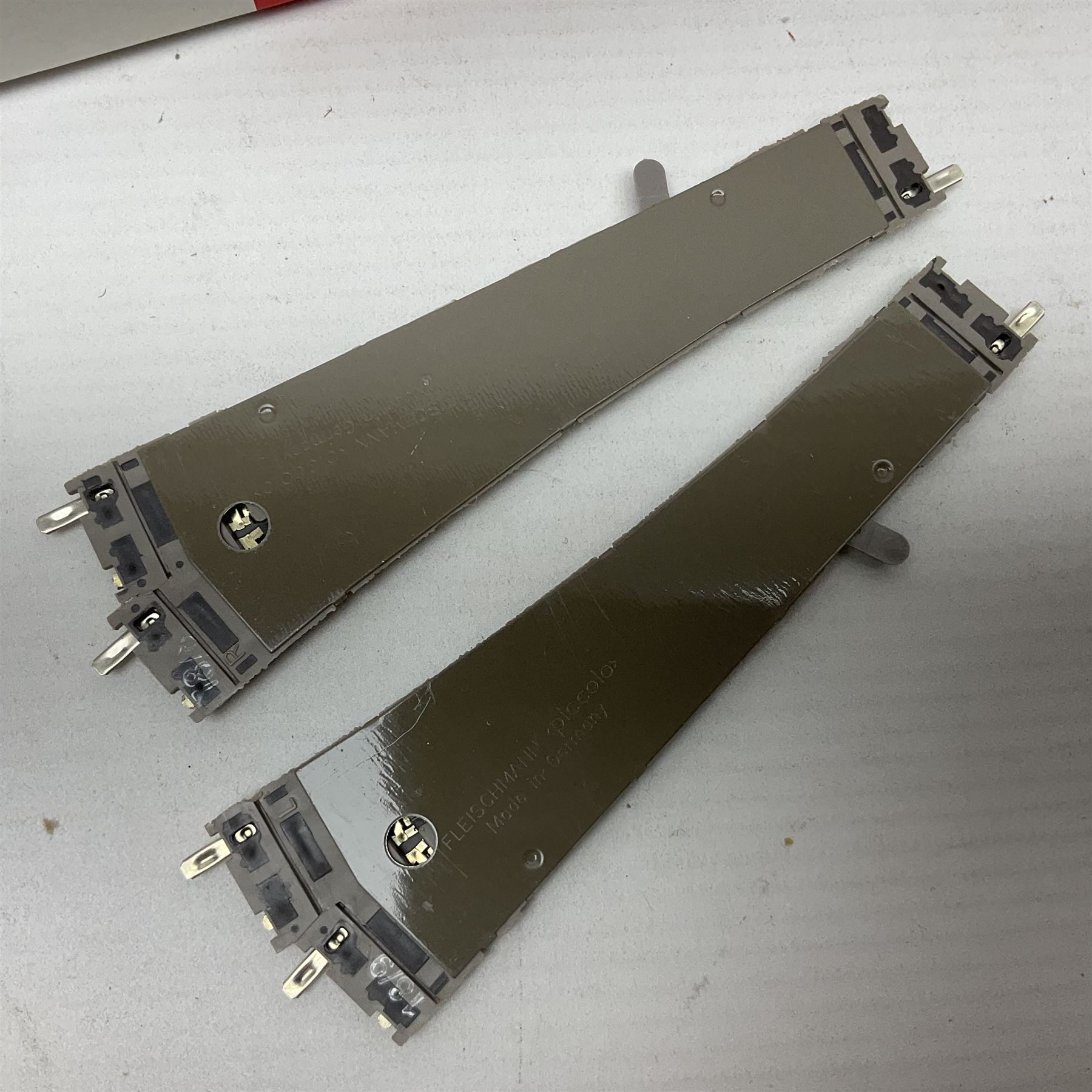 Fleischmann 'N' gauge - four-car set with double pantograph locomotive, dummy and two double decker coaches; No.825201 'Piccolo' three-piece wagon set; No.9198 'Piccolo' level crossing; No.9171 'Piccolo' points; and  No.KN35 Girder Bridge; all boxed