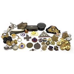 Hallmarked silver blade and mother of pearl handled fruit knife, various badges and buttons, 'Canada' cap badge, 'Royal Life Saving Society' award of merit fob, awarded to 'R.B. Wrigley 1952', 'The Acme Thunderer' whistle and other miscellaneous items 