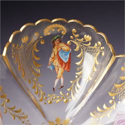 Lobmeyr style tazza, of quatrefoil form with painted enamel figures, H12cm 