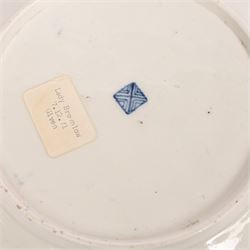 Pair of Worcester junket dishes, c1770, painted with panels of flowers on a blue scale ground within richly gilt rococo style borders and scalloped rim, hatched square mark to base, D24.5cm (2)
Notes: label suggests provenance relating to the Brownlow family of Belton House.