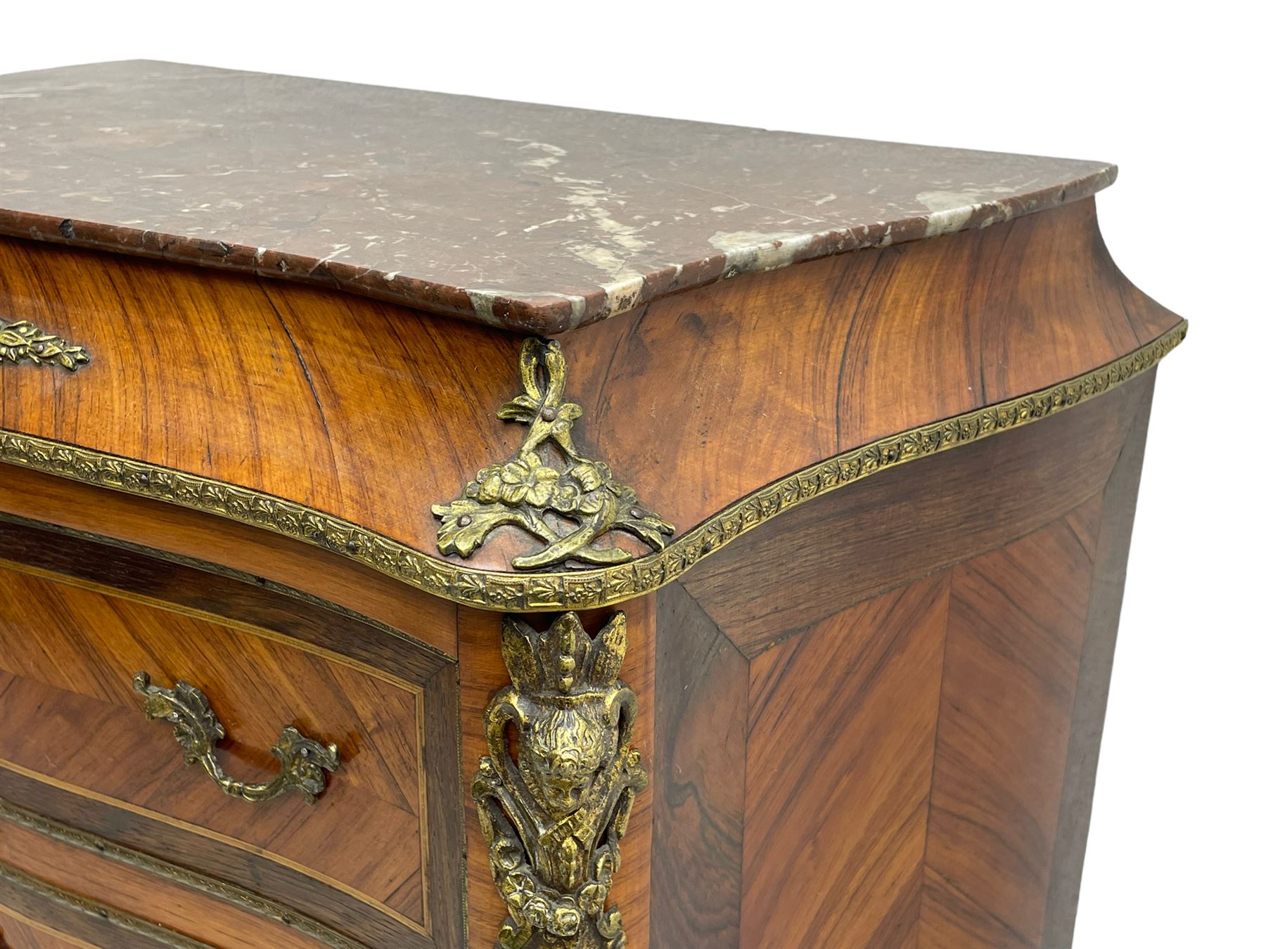 Mid-20th century Louis XVI design Kingwood and walnut secretaire à Abattant, shaped serpentine form with dark rouge variegated marble top, the fall front disguised as three drawers enclosing birdseye maple interior with shelf, drawers and writing surface, four functioning drawers below, decorated with cast gilt metal mouldings and mask cartouches, on skirted base with egg and dart moulded gilt metal edge