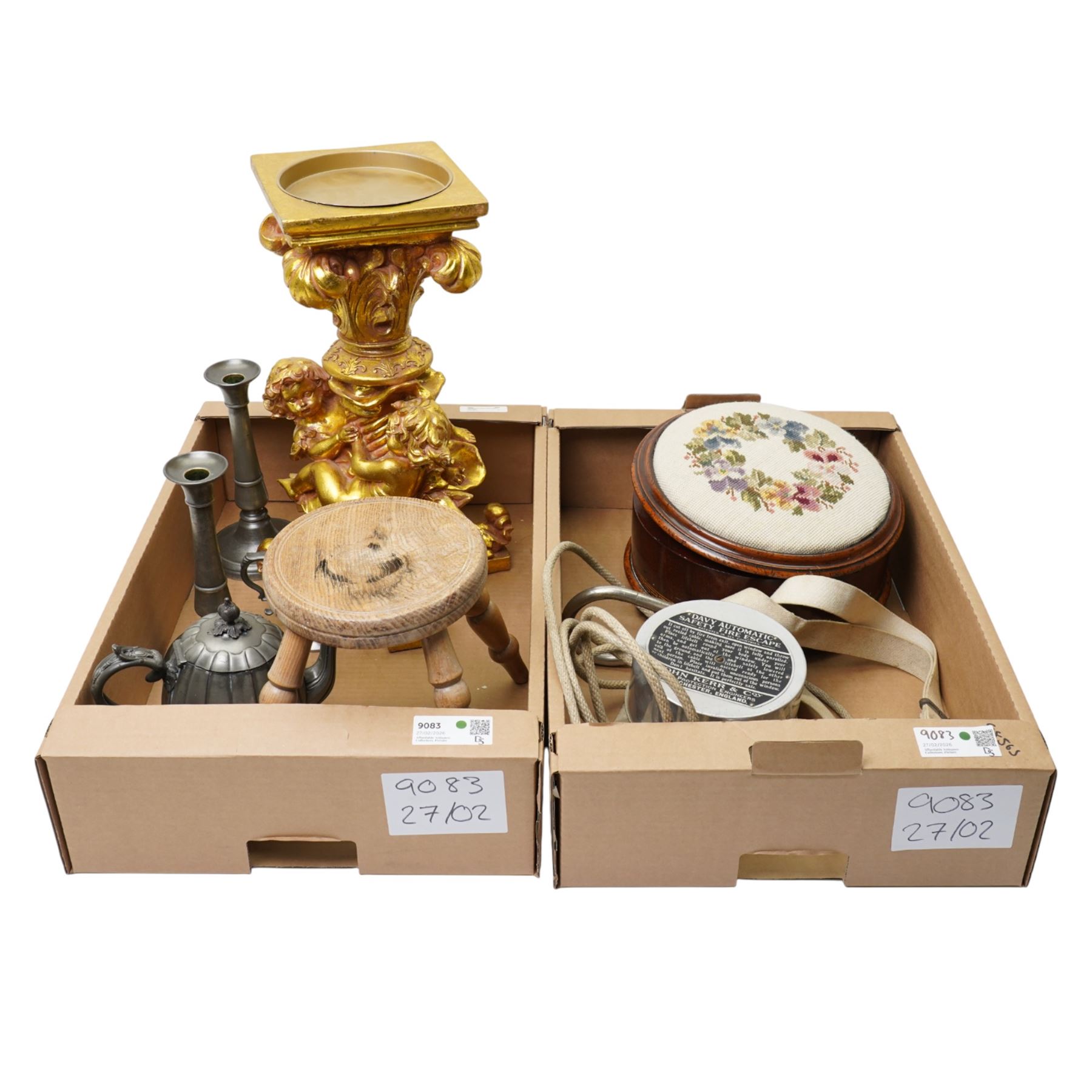 Victorian spittoon with tapestry upholstered top and treacle glazed liner, Davy Automatic Safety fire escape, pewter candlesticks, stool, classical design gilded stand