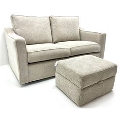 Two seat metal action sofa bed upholstered in a neutral fabric (W157cm) with storage stool (2)