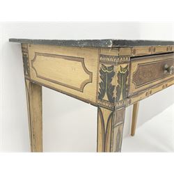 19th century painted pine side table, bow front top over single drawer, square tapering supports, false bamboo paint effect, the drawer front painted with panels, acanthus and harebell painted supports