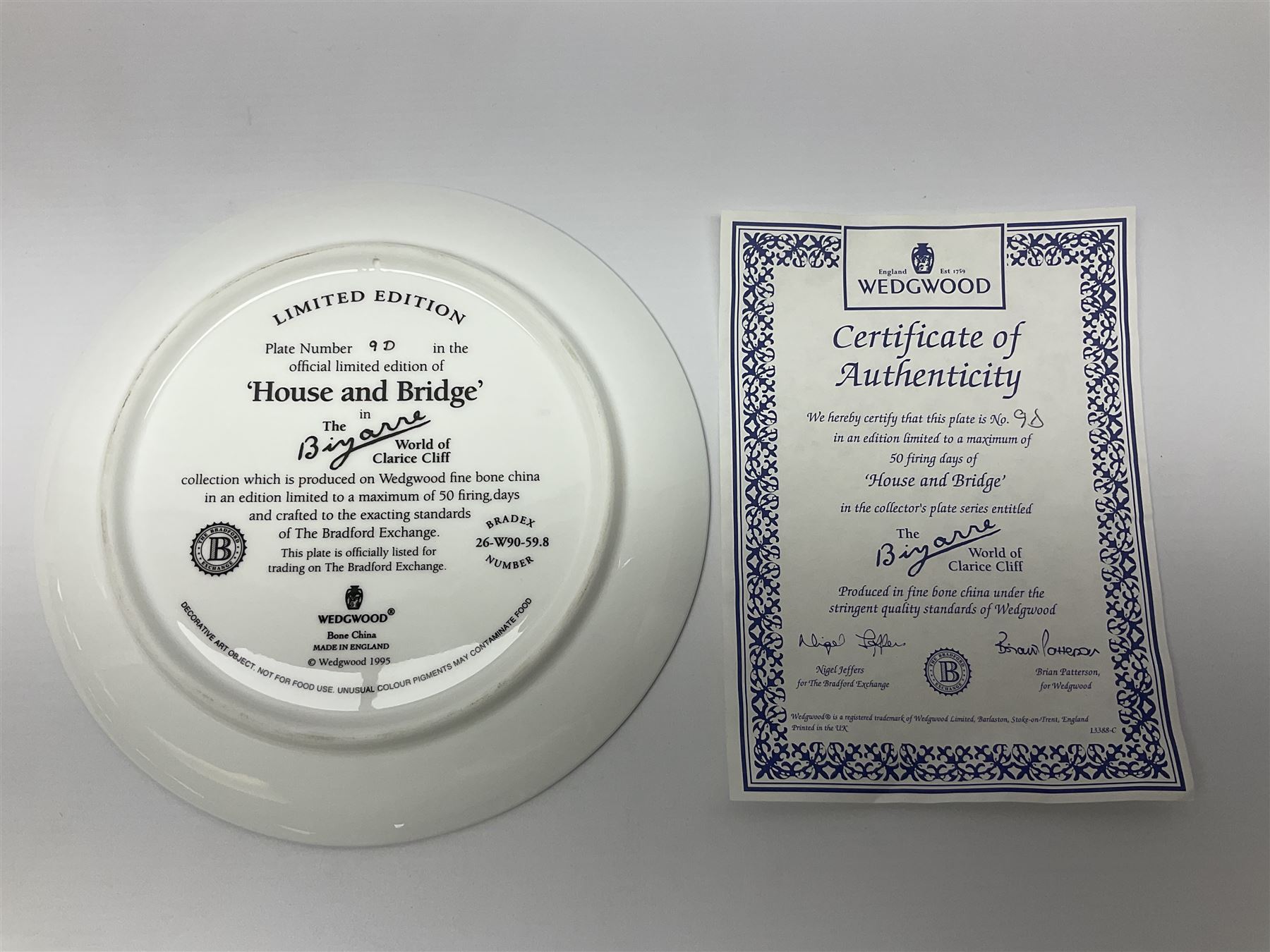 Two Wedgwood limited edition Clarice Cliff Design plates, comprising Poplar and House and Bridge patters, together with six Wedgwood limed edition Suzie Cooper The Art Deco Years, plates, all with certificates of authenticity, D21cm  