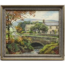 Walter Cecil Horsnell (British 1911-1997): 'Bridge End Ramsgill' Yorkshire Dales, oil on artist's board signed, titled and dated 1979 on original receipt verso 48cm x 58cm