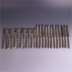 Set of twelve 1920s silver handled dessert knives and forks, hallmarked Thomas Bradbury & ...