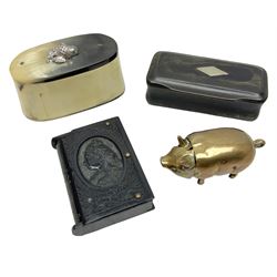 Vintage vesta case and strike, modelled as a pig, together with vulcanite vesta commemorating the death of Queen Victoria and two bone snuff boxes 