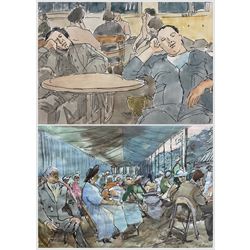 Hubert Andrew Freeth RA (British 1912-1986): 'Refreshment Tents - Henley Regatta' and Two Workers Asleep, two ink and watercolours signed, one titled on John Lindsey Fine Art label verso, exhib. 1982, max 30cm x 41cm (2)