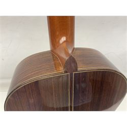 British hand made classical acoustic guitar by Huw Morgan with Indian rosewood back and sides and spruce top; bears label dated May 1998; L100cm; in Tribal Planet lightweight carrying case