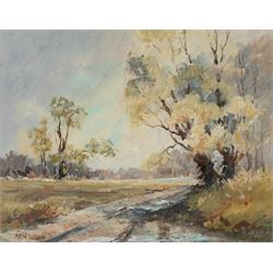 Pat Newton (British 20th century): 'Winter in West Norfolk' and 'The Farm in Winter', pair of acrylics signed, titled on label verso, in matching frames 19cm x 24cm; George 'Griff' Griffiths (British 1939-2017): 'Arthington Bank', watercolour signed, titled and dated 1977 on label verso 24cm x 16cm (3)