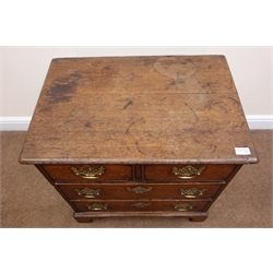  George III small oak chest, moulded top, two short and two cockbeaded drawers, shaped bracket supports, W67cm, H67cm, D46cm  