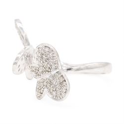 18ct white gold diamond butterfly ring, pave set with single cut diamonds, stamped 750