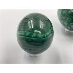 Three malicate specimen eggs, originally part of the collection of the late Stanley J Seeger, largest H7cm