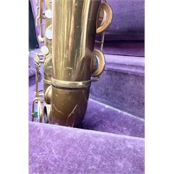 Brass tenor saxophone by Adolphe SAX, 84 Rue Myrha, Paris,  No.938 serial number 12097, H75cm excluding crook; in hard carrying case bearing plaque for Henri Selmer