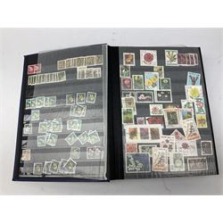 World stamps housed in a blue stockbook, Britain's first decimal coins set in blue wallet, small number of World banknotes, fantasy/copy coins etc