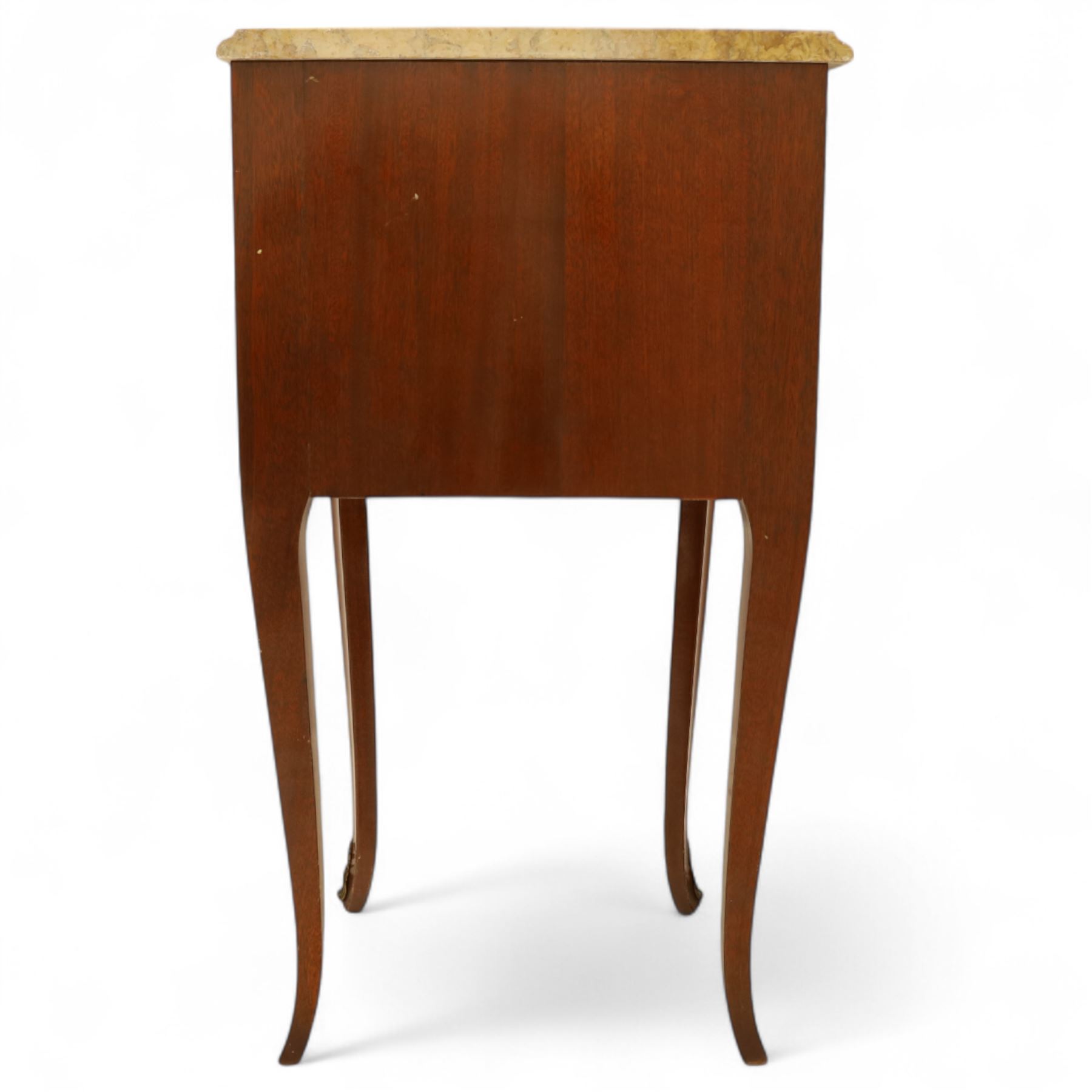 Pair of Louis XV style kingwood and marquetry bedside cabinets, the serpentine sienna marble top above two bombe fronted drawers with rococo style bronze handles and masks on slender cabriole legs terminating in bronze sabots  