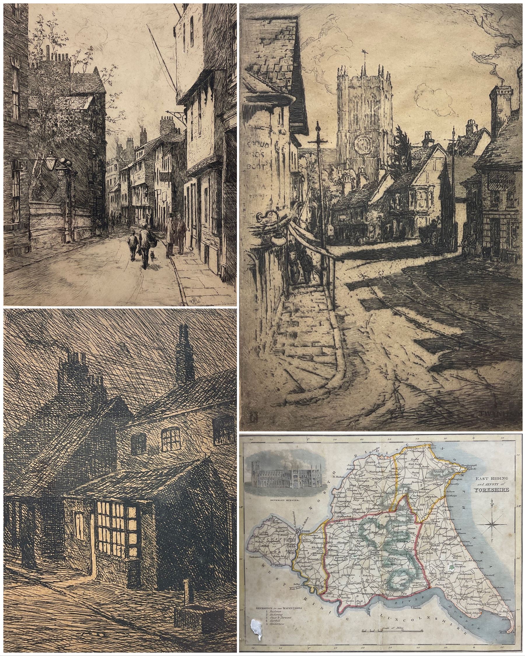 Thomas Bonfrey Burton (Beverley 1886-1941): 'The Street' and 'Old Shops in Walkergate Beverley', two etchings signed and titled in pencil; Wilfred Stephens (British early 20th century): 'The Priory - Christchurch', etching signed and titled in pencil; James Neele (British 1791-1868) after George Kemp (British fl.1823-1843): 'East Riding and Ainsty of Yorkshire' with Vignette of Beverley Minster, engraved map with hand colouring pub. 1836 max 30cm x 23cm (4)