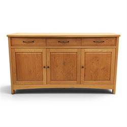 Contemporary light oak sideboard, three cupboards and three soft close drawers