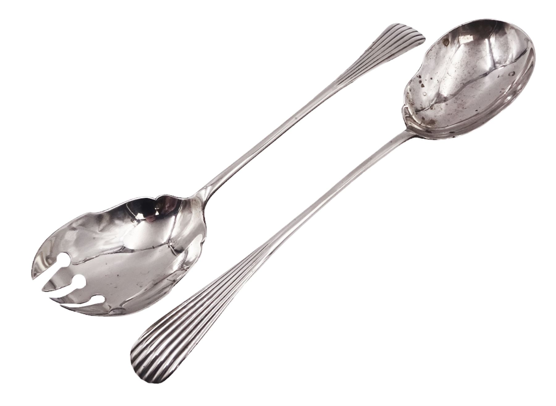 Pair of early 20th century silver salad servers, both with shaped bowls and fluted handles, hallmarked James Dixon & Sons Ltd, Sheffield 1918