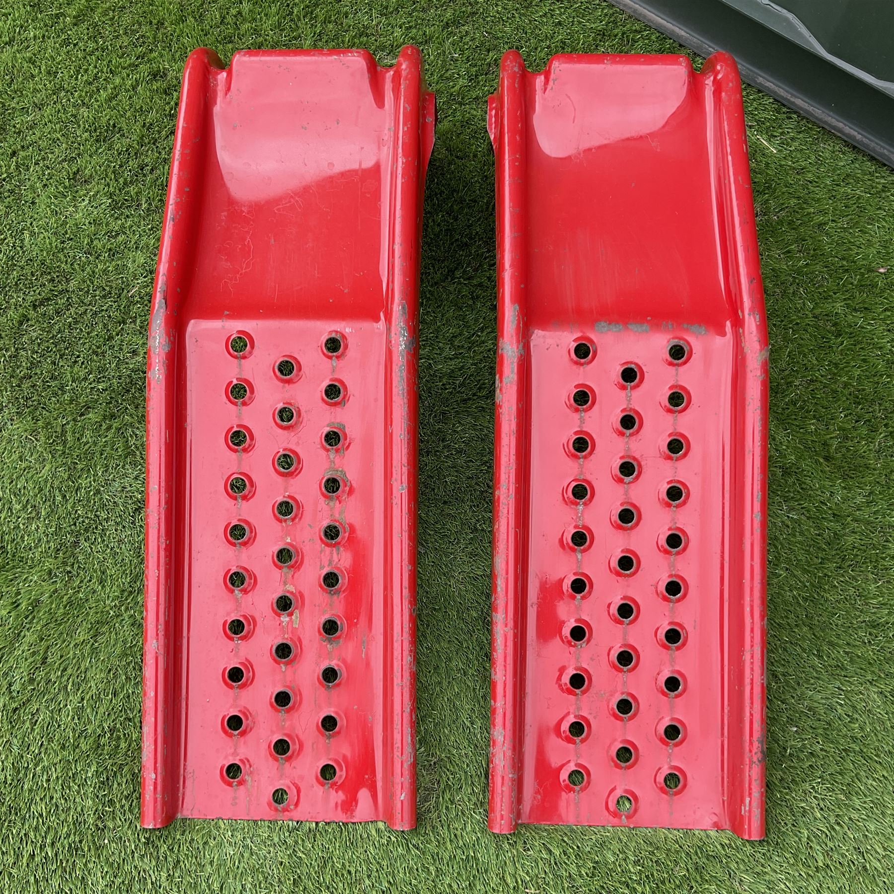 Pair of vintage metal car ramps stamped CR-78 painted in red - THIS LOT IS TO BE COLLECTED BY APPOINTMENT FROM DUGGLEBY STORAGE, GREAT HILL, EASTFIELD, SCARBOROUGH, YO11 3TX