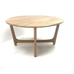 Ercol light elm circular coffee table on astra type supports, model no. 719, D89cm, H47cm