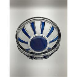 Mid 20th century Val Saint Lambert style pedestal bowl, the clear cut glass with blue overlay panelled decoration, raised upon spreading circular foot, H15cm D18cm