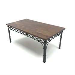Laura Ashley rectangular hard wood coffee table, wrought metal supports (W110cm, H46cm, D61cm) and matching lamp table (W60cm, H61cm, D60cm)