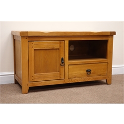  Solid oak television cabinet, single cupboard door and drawer, stile supports, W99cm, H56cm, D43cm  
