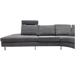 BoConcept 'Indivi 2' corner lounge sofa in grey Matera fabric, three sections with two moveable headrests and brushed steel supports designed by Anders Nørgaard 