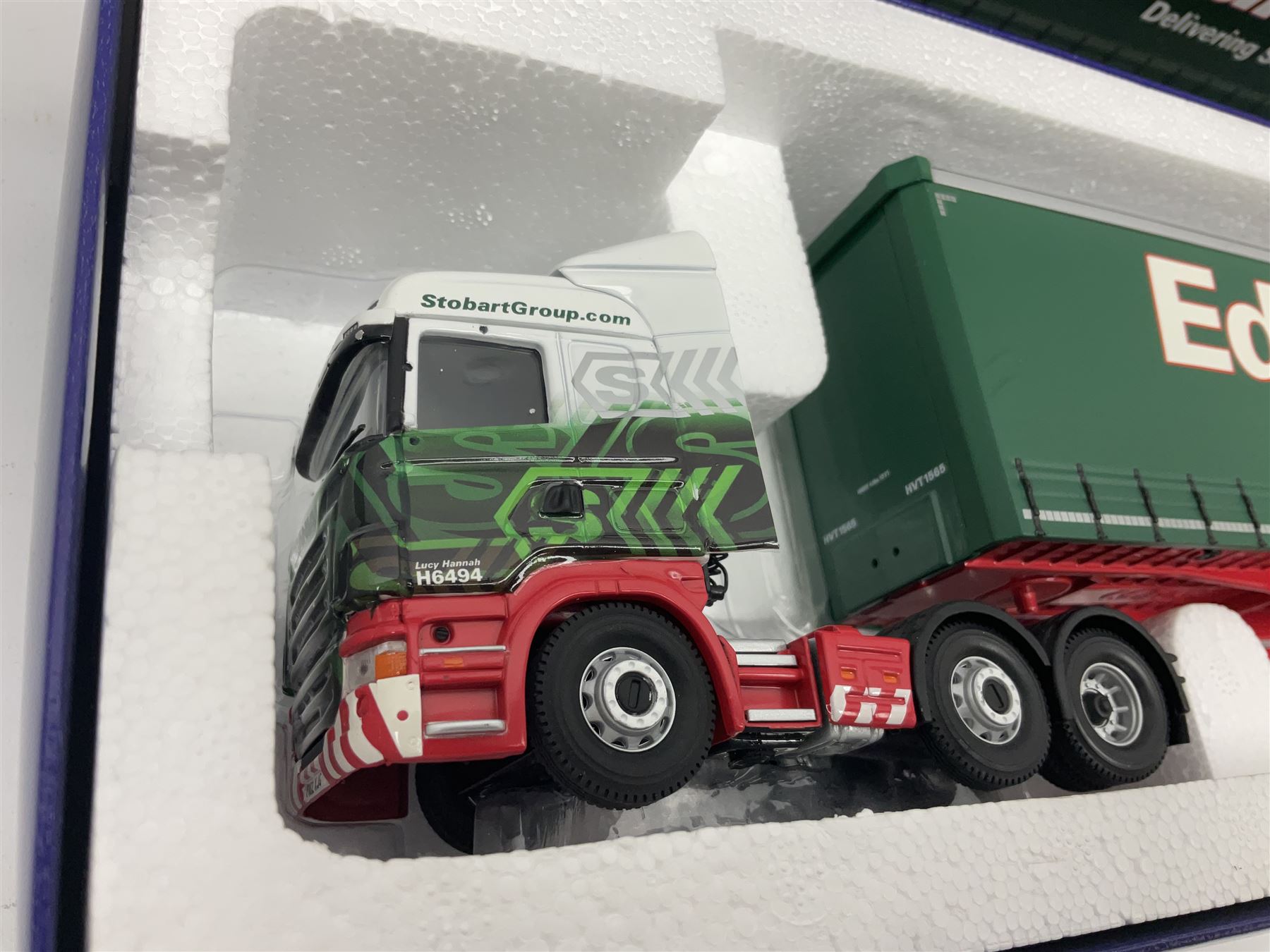Corgi Eddie Stobart - two special edition Hauliers of Renown; CC13754 Scania R Facelift Box Step Frame Trailer and CC13756 Scania R (Rear Tag) Moving Floor Trailer; and limited edition Hauliers of Renown CC13747 Scania R (Face Lift) Super Curtainside Trailer; all boxed (3)