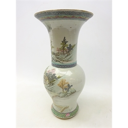  Chinese Qing Dynasty baluster vase painted in famille verte enamels with continuous lakeside landscape scene depicting scholars, buildings and farmers labouring in a field, greek key and geometric polychrome painted borders, with script and seal mark, H44cm   