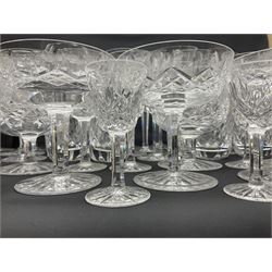 Set of Waterford Crystal Lismore pattern drinking glasses for six people, including hock glasses, goblets, champagne flutes,  sherry glasses, liqueur glasses, hi ball glasses, whisky glasses, brandy balloons, etc, all with etched maker's mark beneath  (62)