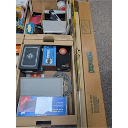 Large collection of photography equipment, including two video cameras JVC and a Panasonic 3CCD, tripods, filters, photograph paper, developing equipment, Dalite projector screen, etc, some boxed some empty boxes, and a Midgard Pocket Microscope