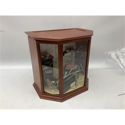 Scratch-built illuminated mahogany doll's house type bow-fronted display of a seamstress's workroom with lift-off top, containing treadle sewing machine, worktable, shelf unit and tailor's dummy etc; L33cm H30cm D21cm