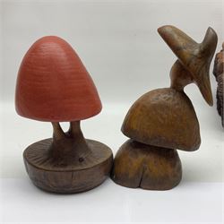 Helen Skelton (British 1933 – 2023): Six carved wooden sculptures, including mushroom and figures, tallest H30cm. Born into an RAF family in 1933 in Kent and travelled the world extensively during her childhood. After settling in Bridlington, Helen immersed herself in painting, textiles, and wood sculpture, often inspired by nature's beauty. Her talent was showcased in a one-woman show at Sewerby Hall and recognised with the sculpture prize at Ferens Art Gallery in 2000. Sadly, Helen’s daughter passed away from cancer in 2005. This loss inspired Helen to donate her sculptures to Marie Curie upon her passing in 2023.