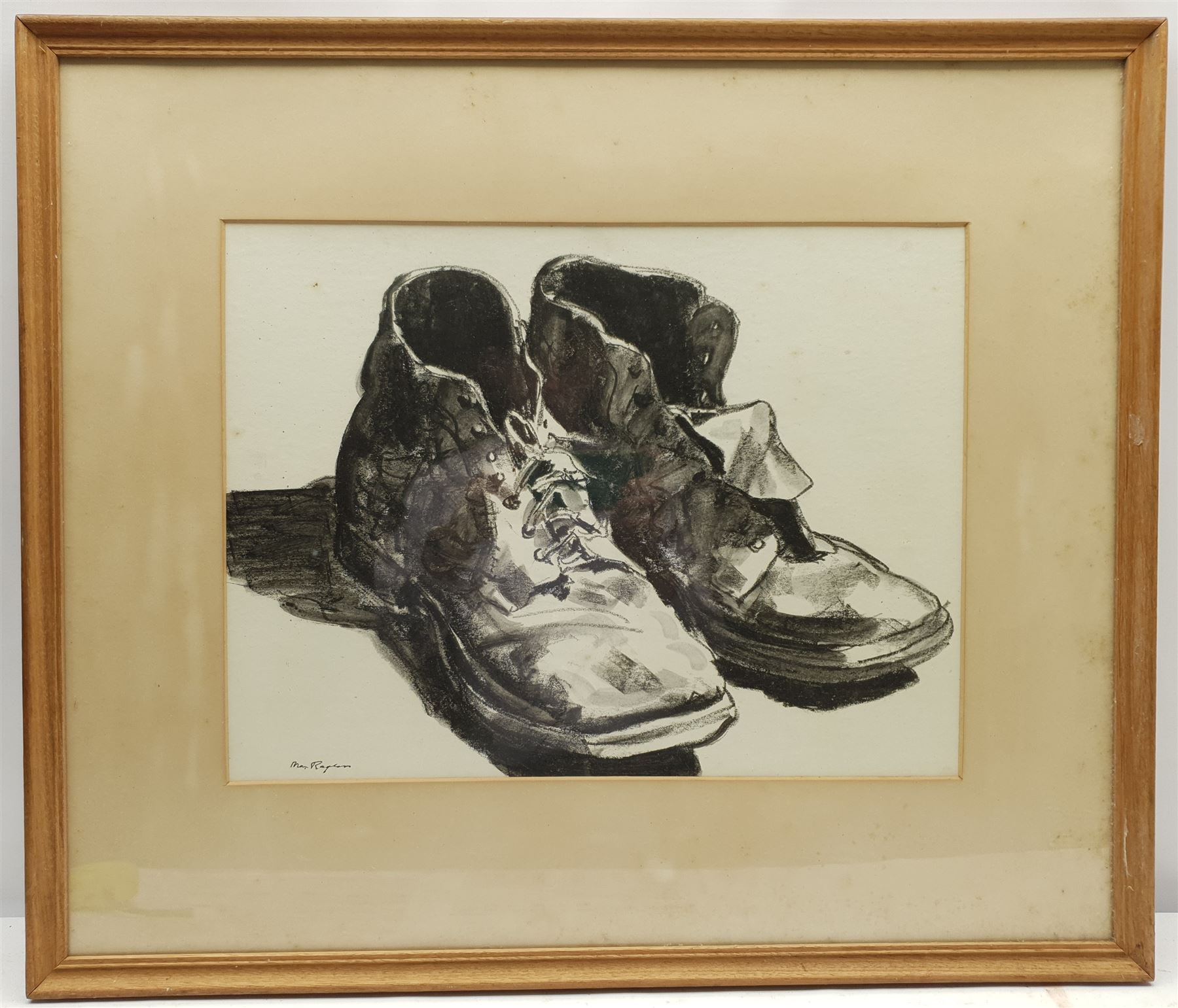 Max Rayton (Australian 20th century): Tough as Old Boots, charcoal signed, dated '46 on exhibition label verso 34cm x 46cm 
Provenance: exh. Royal South Australian Society of Arts, September 1946, label verso