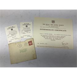 Archive of memorabilia and ephemera relating to Pc. (later Sgt.) Geoffrey Robinson of Dewsbury (later West Yorkshire) police force including cased Long Service and Good Conduct Medal; helmet plates and cap badges, collar numbers and uniform buttons, whistles, certificates, photographs, plaque etc 1960s - 1990s