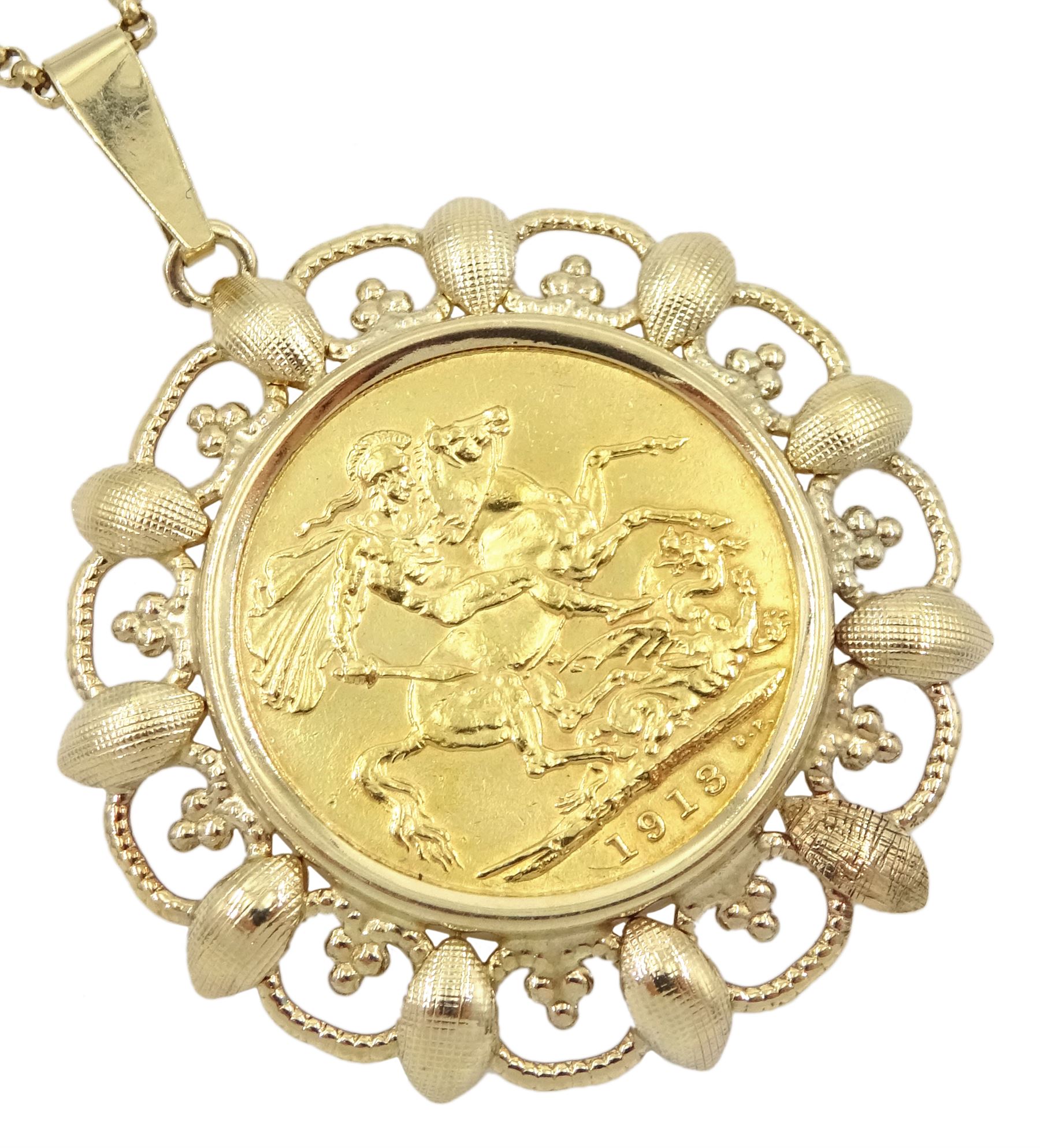 King George V 1913 gold full sovereign coin, loose mounted in gold pendant, on gold chain, both 9ct