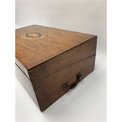 George IV mahogany writing slope, of rectangular form with twin carry handles to sides, the hinged cover with central inlaid panel inscribed Ann Bright 1822, opening to reveal a fitted interior, H15cm L46cm D25cm